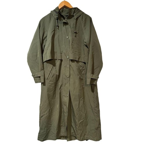 LL Bean Vintage Trench Coat w Hood Women’s Petite Small Zip Snap Vent Green