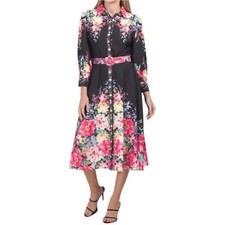 Dalia MacPhee Dress Large Black Pink Floral Button-Front Long Sleeve Midi Size L