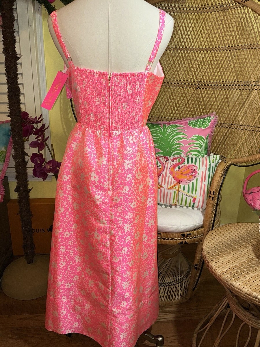 Womens Dresses Lilly Pulitzer Ellara Jacquard Midi Bow Dress in Roxie Pink Baby Blues Jacquard, Size 12