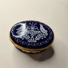 Halcyon Days Bilston and Batterson Enamels Cobalt Blue Trinket Box w Birds
