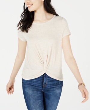 PINK ROSE Women's Beige Knotted Bottom T-Shirt Casual Top Size S Juniors