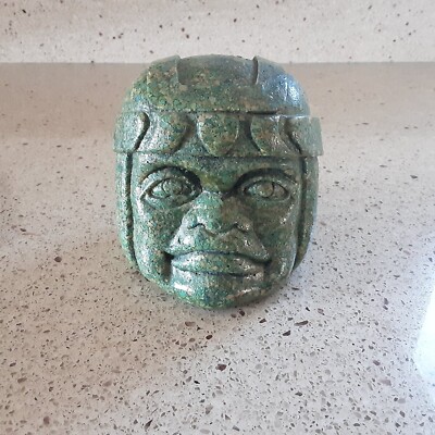 Vintage 4'' Tall Mini Mexican Olmec Resin & Crushed Stone Head Sculpture 