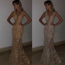 Women Dress V Neck Evening Party Sparkly Beautly Gown Prom Sequins