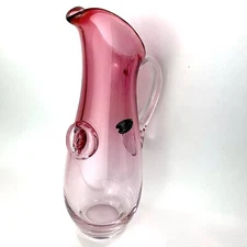 VTG Chalet Art Glass Canada Riekes Crisa Cranberry In Crystal Pitcher w/ Face