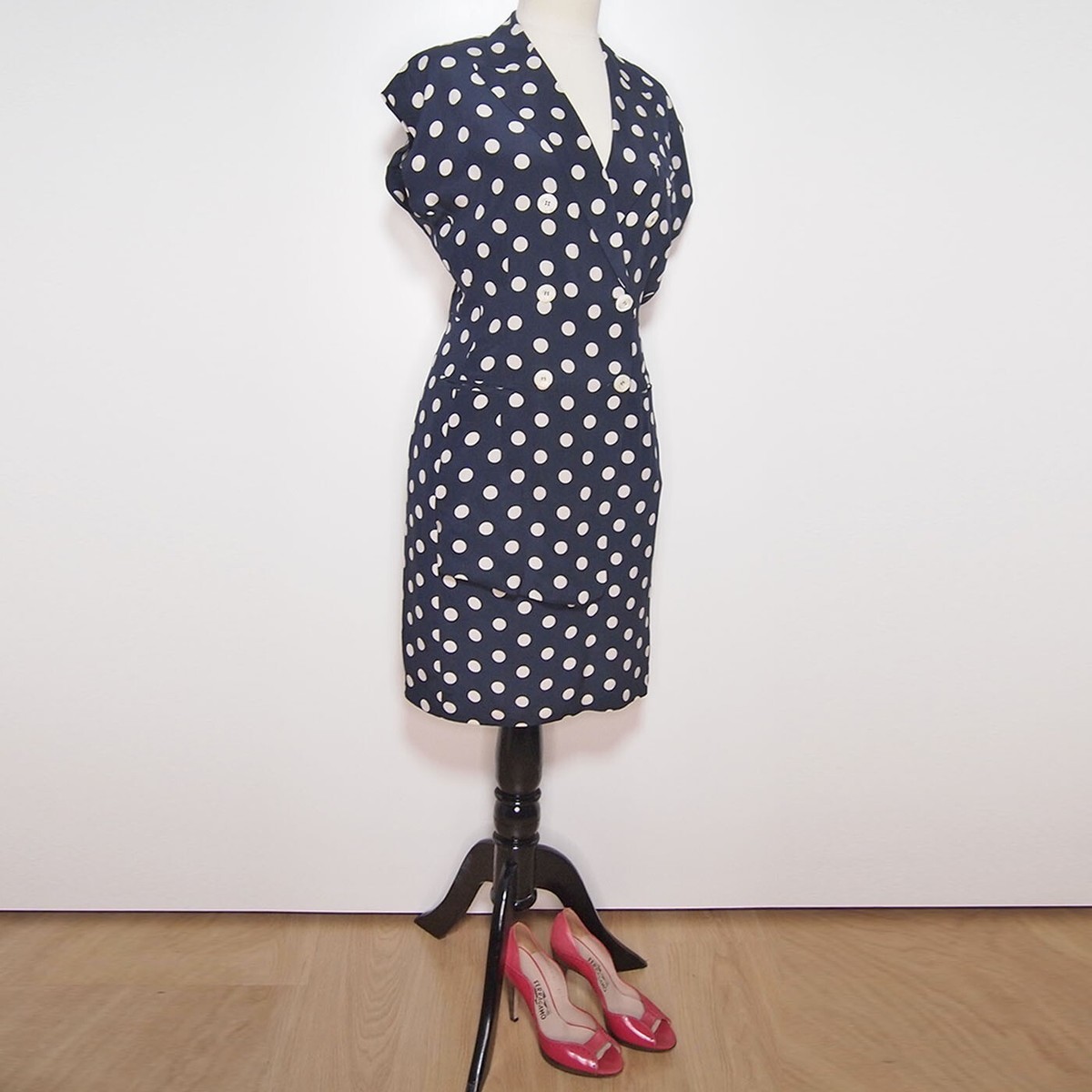 blue and white polka dot wrap dress Mrs Maisel Dress Navy White Polka Dot Print Cotton Voile L