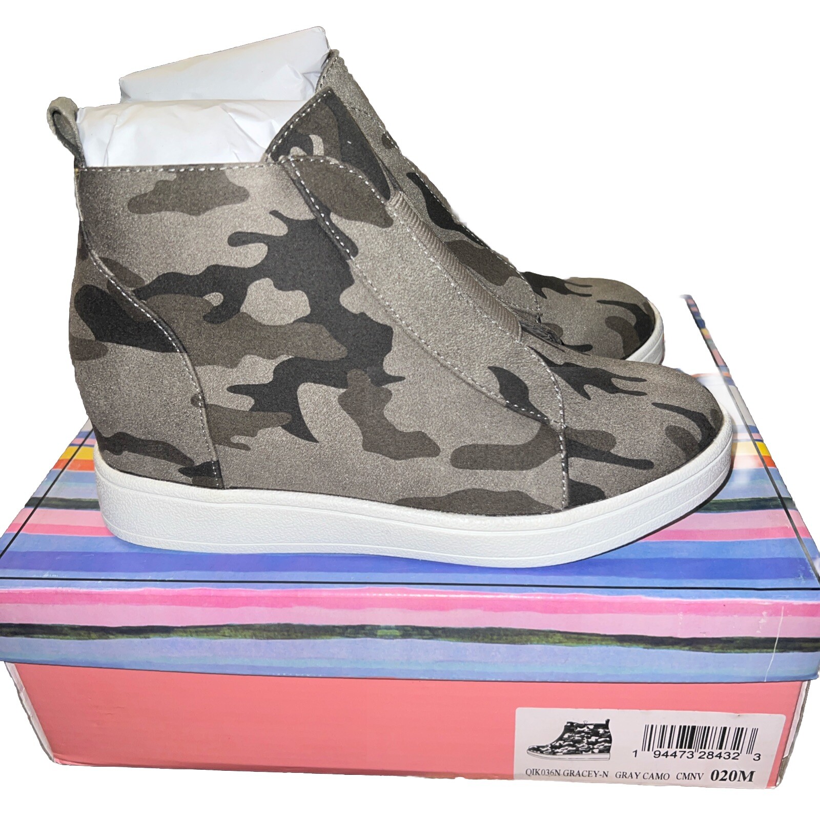 Gray Camo Youth Sz 2M Wedge Heel Side Zip Ankle Boot Sneaker