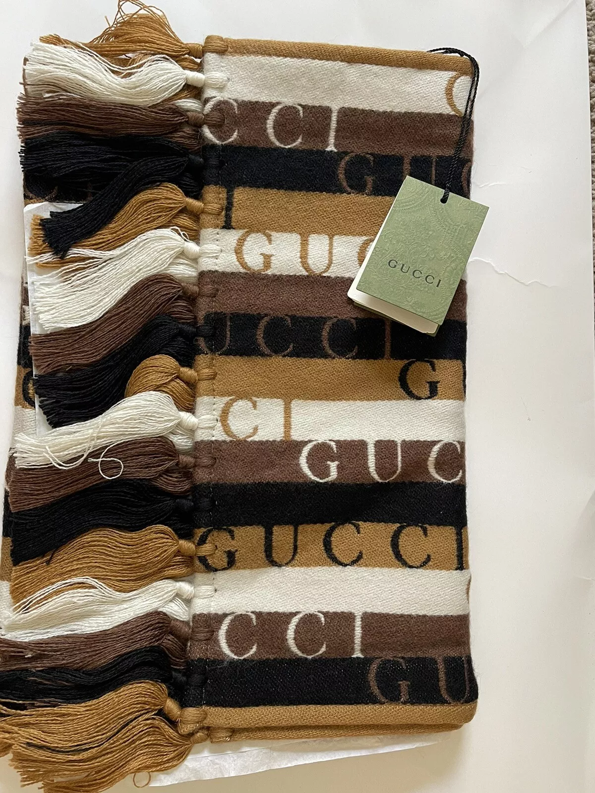 Écharpe en laine à rayures de bois Gucci 634166 4 Go22 SC, 37 cm X 180 cm