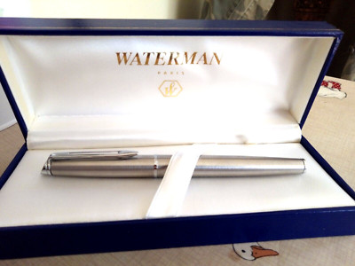WATERMAN HEMISPHÄRE STAHL CHROM VERKLEIDUNG MITTELNEU IM KARTON BRUNNENSTIFT GRAVIERT HARRY BOX