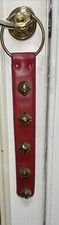 Vintage 19  Long x 5 JINGLE SLEIGH BELLS on RED LEATHER Hanging STRAP CHRISTMAS