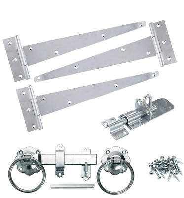 T-Stück Scharniere (3) 10'' 250 mm Ringriegel Bolzen Set Holz Gartentor Beschlagset Zink