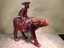 Vtg Folk Art Solid Wood Hand Carved Statue Water Buffalo Asian Man 13" Tall