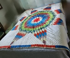 Handmade Lone Star Patchwork Quilt 1960s-70s, 74" x 77" Country Cottage Style