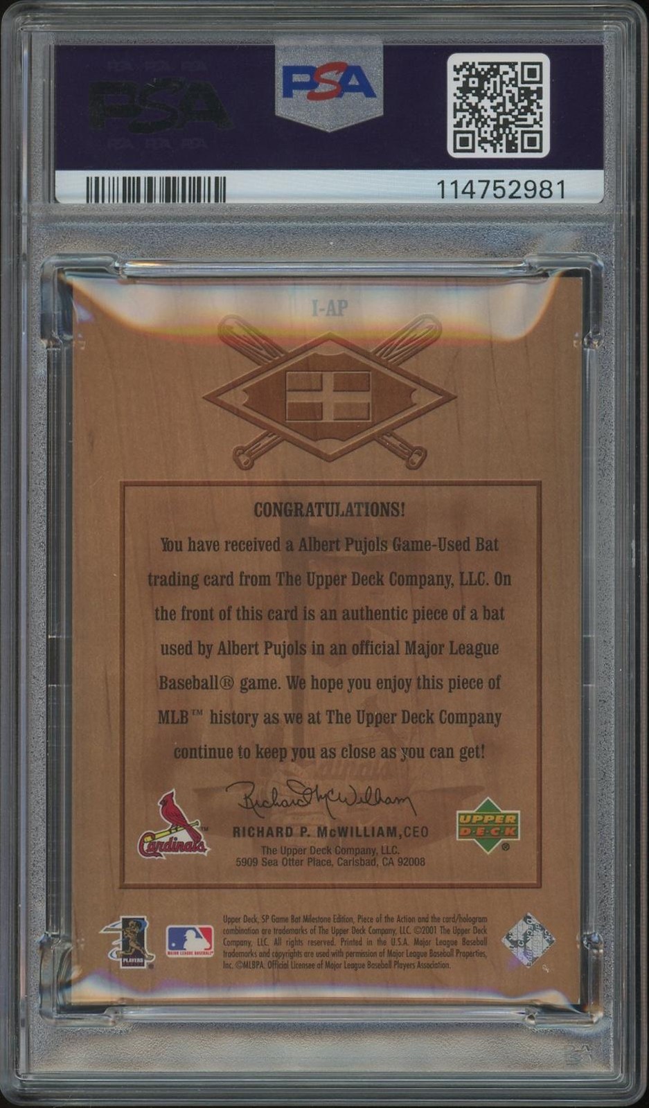2001 SP Game Bat Milestone Albert Pujols Piece of Action Rookie Bat PSA 8 view 2