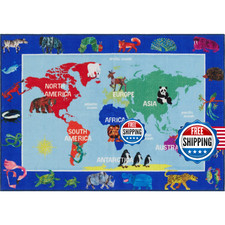 Eric Carle Elementary World Map Kids Machine Washable Area Rug Blue/Red 66X95