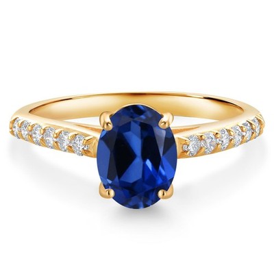10K Yellow Gold Created Sapphire and White Lab Grown Diamond Engagement Ring