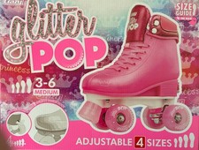CRAZY PINK GLITTER POP ADJUSTABLE 4 SIZES 3-6 MEDIUM ROLLER SKATES