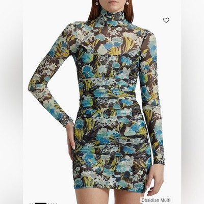 Cinq à Sept Harper Ruched Mesh Mini Dress Obsidian Multi Floral Turtleneck Sz 2