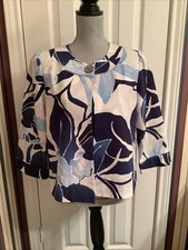 Chico  s Jacket Size 1 M Blue Floral One Button Open Front Lined Silk Blend