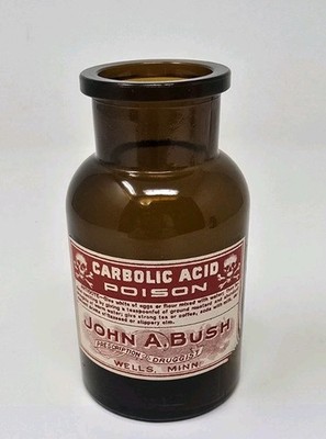 Antique Carbolic Acid Poison Amber Bottle Paper Labeled John A Bush Wells Minn