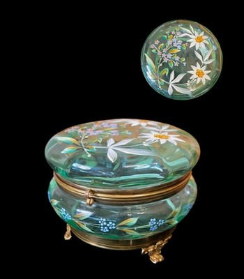 Antique Czech Teal Glass Dresser Box Brass Footed Powder Jar HP Enamel Florals