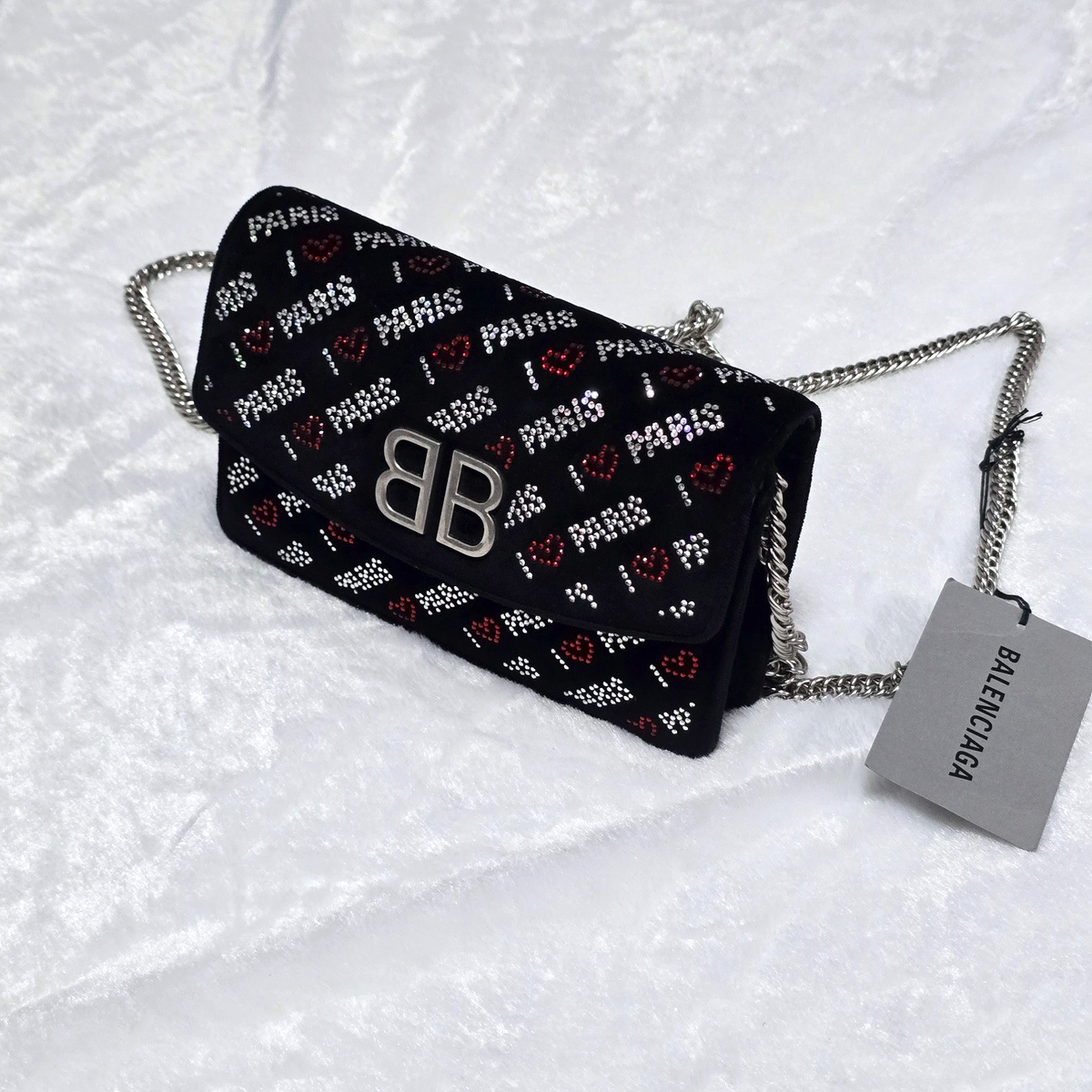 BALENCIAGA PARIS ブラック バッグ Balenciaga Strassed Velvet Crystal Love Paris Shoulder Bag Black