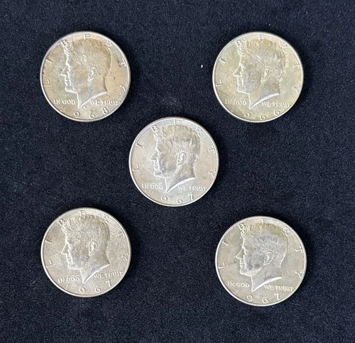 5-ea. Kennedy 40% Silver Half Dollars, AU/BU 1966,1967,1968