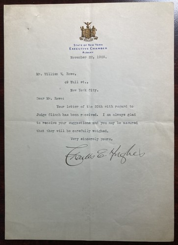 CHARLES EVANS HUGHES-NY Gov. Typed Letter Signed-to William V. Rowe-1909-COA