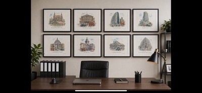 8 Stück London Landmark Office Gallery Set signiert Gary Wing A3 gerahmte Drucke