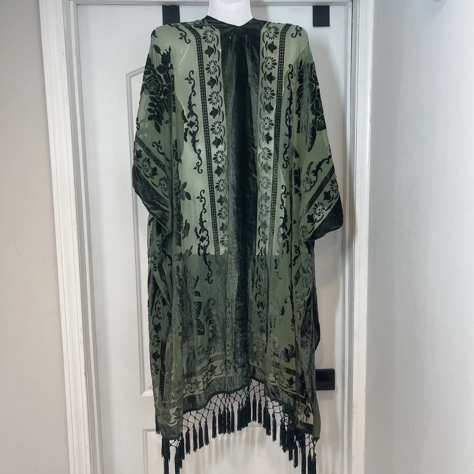 Free People Nightbird Burn Out Kimono One Size Tassels Sheer Green Boho Festival - Image 2 of 4