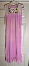 VTG 1960s 1970s Pink Embroidered Nylon Nightgown Size L Long w/ Ruffles