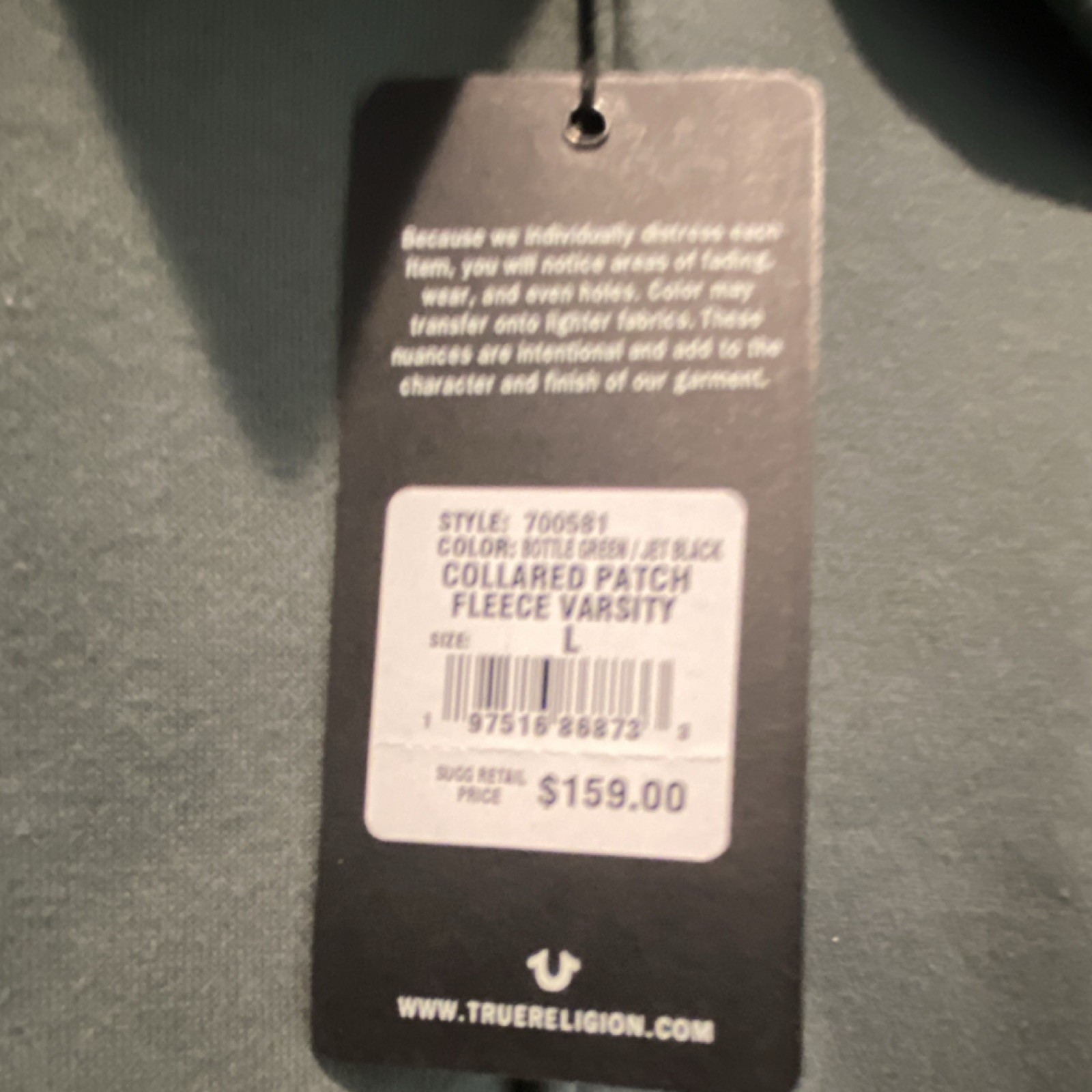 Men’s True Religion Collared Fleece Patch Varsity Jacket Green and Black sz L thumbnail 3