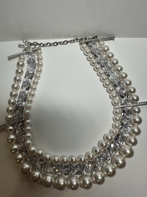 Nana Jacqueline NJ Bridal Necklace 3-Strand Faux Pearl Crystal Statement Silver