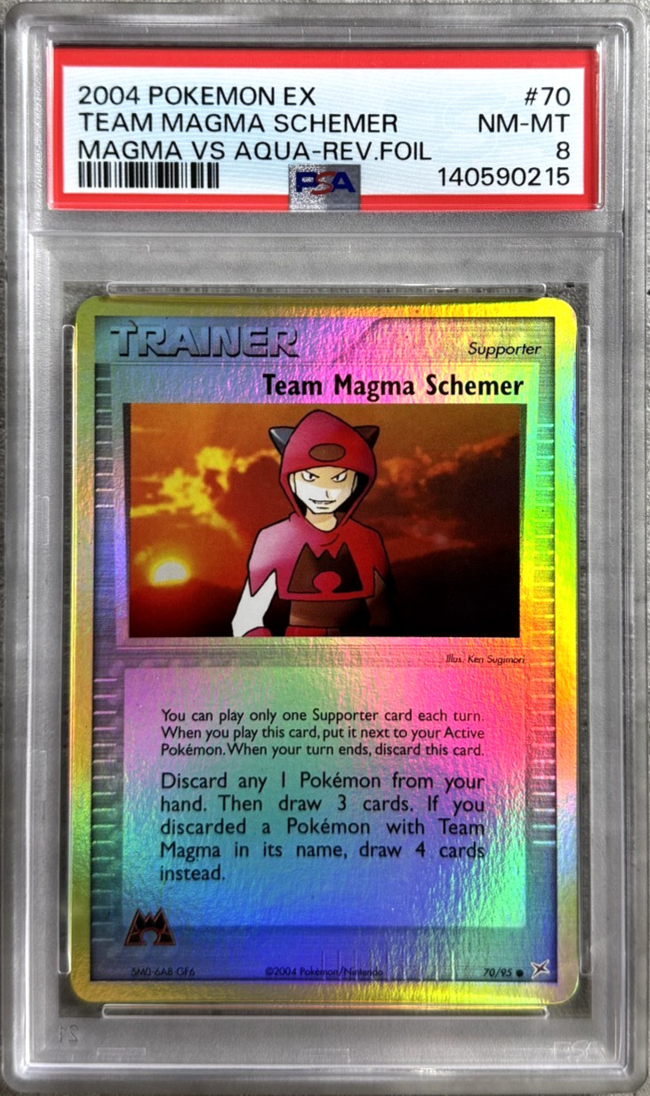 Pokemon Card Team Magma Schemer Rev Holo PSA 8, Magma Vs Aqua 70/95, 2004 (1)