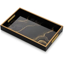 Decorative Serving Tray Black: Coffee Table Tray with Handles for Ottoman Hom...