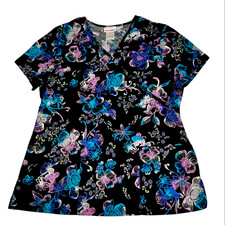 Scrubstar Sz Medium Black Blue Purple Pink Flower Floral Scrub Shirt Top Vibrant
