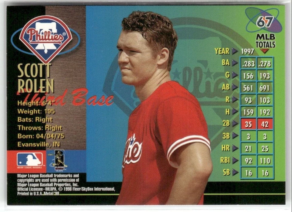 1998 METAL UNIVERSE SCOTT ROLEN PHILADELPHIA PHILLIES #67 - Image 2 of 3