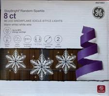 GE StayBright Random Sparkle, 8ct, 96 LED Snowflake Icicle-Style Warm White