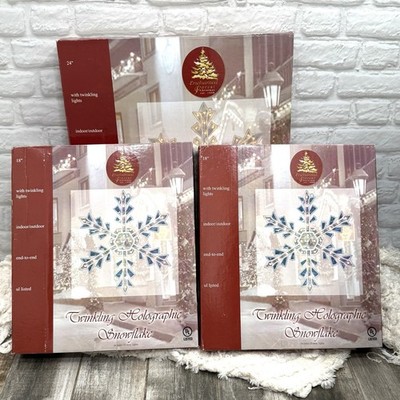 Vtg Holographic Christmas 3D Snowflake Twinkling Lights Holiday Window Decor Set