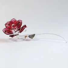 Vintage Hand Blow Art Glass Crystal Rose Flower Gold Trim 7"