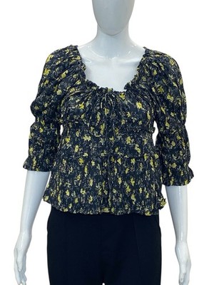 DÔEN Women's Ruffled Floral Printed Smocked Black Cotton Viscose Blouse Top S
