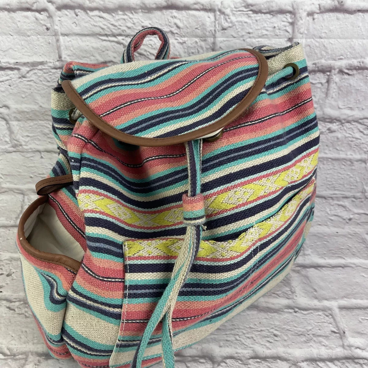 American Eagle Outfitters Turquoise, Navy Blue u0026 Yellow Striped Canvas  Backpack | eBay