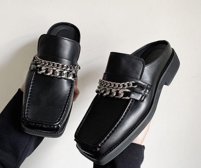 Men's Fashion Punk Gothic Square Toe Metal Chain Mules Party