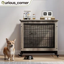 27" Indoor Dog Crate Furniture Mobile Kennel w/ Wheels Waterproof Tray and Mat