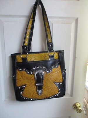 P&G Collection Vegan Leather Style Yellow & Black Handbag Buckle & Rhinestone