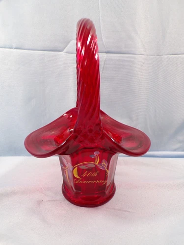 Fenton Ruby Red Glass Hand Painted Basket - 40th Anniversary INV2