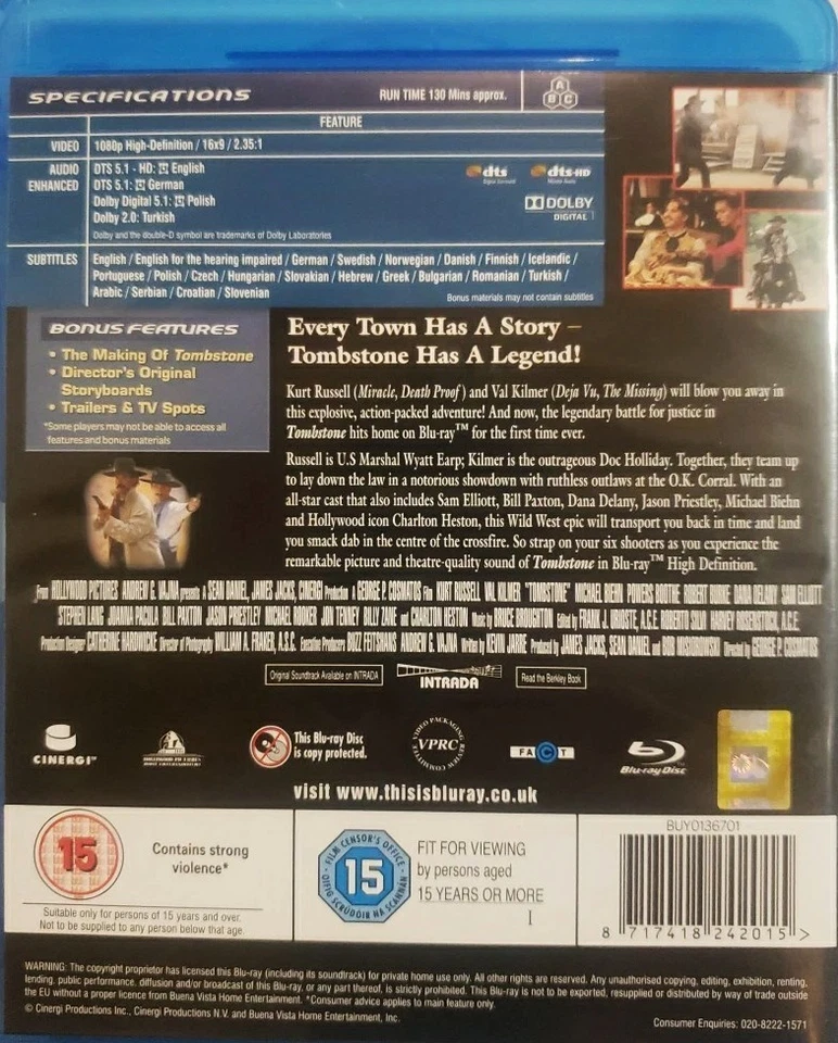 Tombstone BLU RAY Kurt Russell, Val Kilmer, Bill Paxton, Sam Elliott UK SELLER - Image 2 of 2