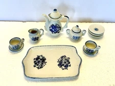 Vtg 10 Piece 1:12 Dollhouse Miniature Porcelain Tea Set Blue Cornflower +3 plate