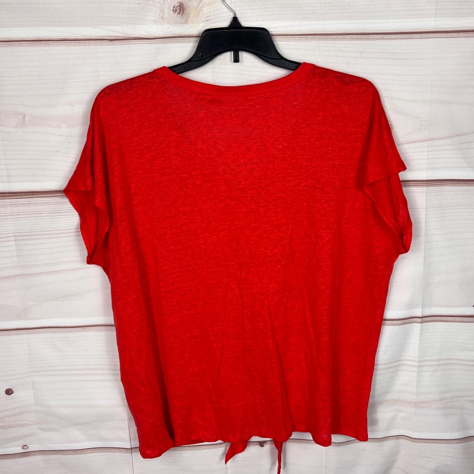 Camiseta Rachel Zoe Top Mujer 1X Lino Rojo Botón Delantero Cuello en V Corbata Cintura Sólida Foto 4 de 4