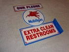 VINTAGE MOBIL MOBILGAS CLEAN RESTROOMS PEGASUS 12" X10" GASOLINE OIL FLANGE SIGN