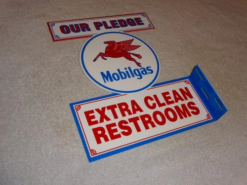 VINTAGE MOBIL MOBILGAS CLEAN RESTROOMS PEGASUS 12" X10" GASOLINE OIL FLANGE SIGN
